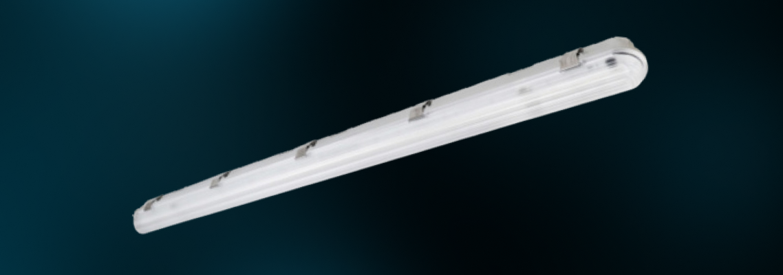 LEDVANCE vapor tight linear LED light fixture shown on a dark blue background